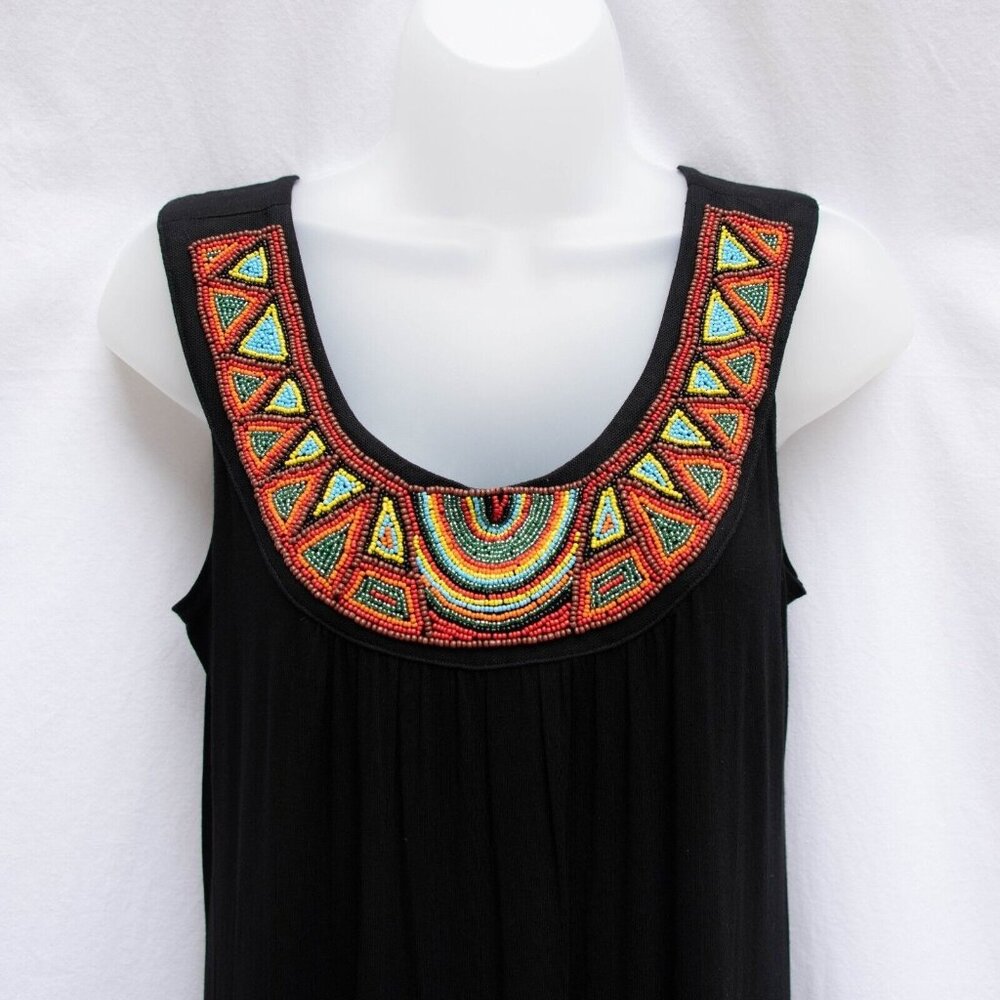 Mishca Beaded Maxi Dress S-M TALL Black Tribal Southwestern Boho Resort Cruise